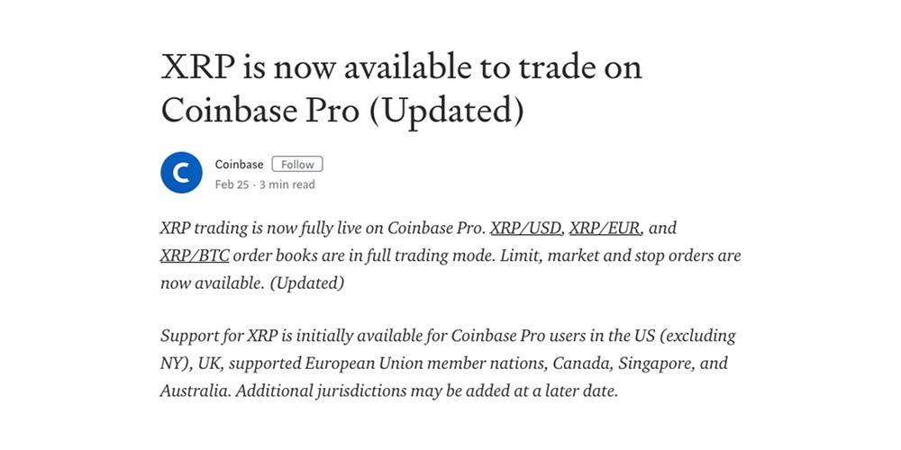 Coinbase Pro voegt XRP toe!