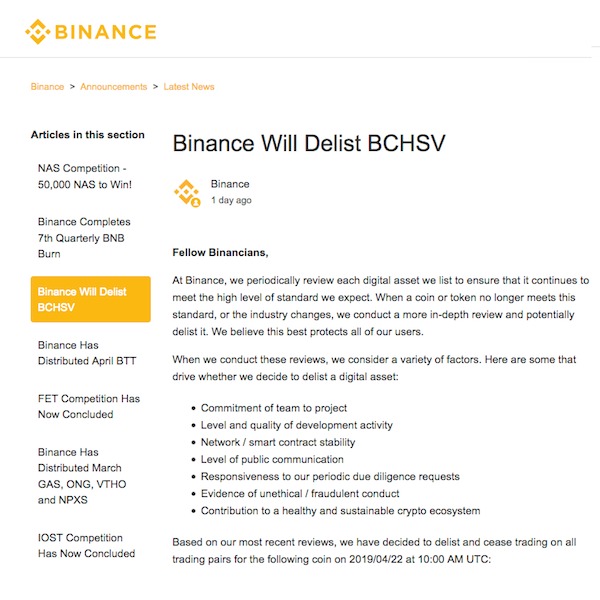 Binance delist Bitcoin SV