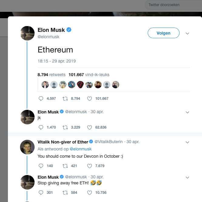 Elon Musk noemt Ethereum in tweet: prijs omhoog