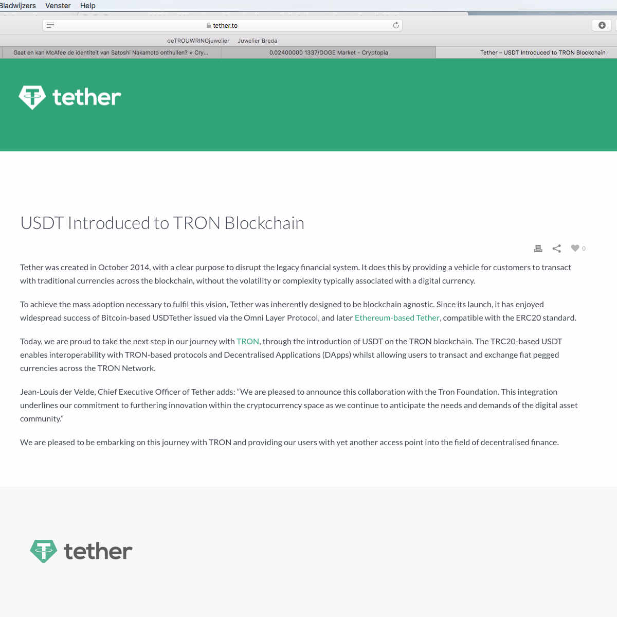 Tether's USDT gelanceerd op TRON blockchain