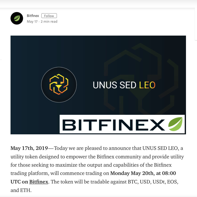 Bitfinex lanceert handel in LEO-token