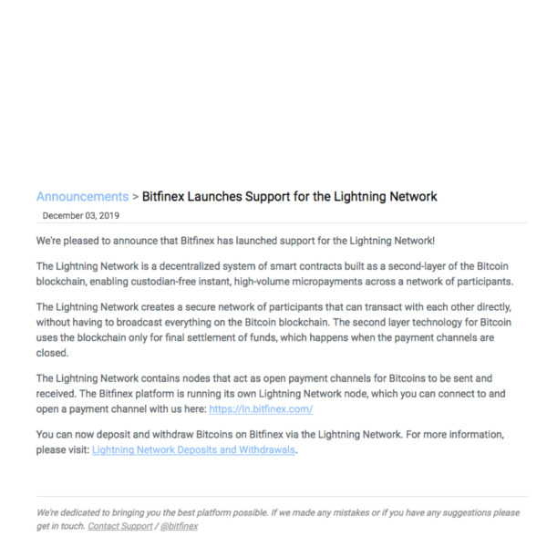 Bitfinex gaat Lightning Network ondersteunen